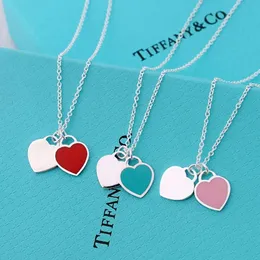 Necklace Tiffanyism Enamel Double Necklace V Gold Blue Pink Red Heart Shaped Collar Chain Light Pendant