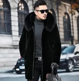 Мужские куртки Зимняя меховая куртка Мужская искусственная куртка с длинным рукавом Толстая теплая с капюшоном Роскошная модная черная мужская пушистая лохматая верхняя одежда 231115