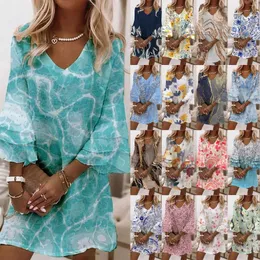 Casual Dresses Fashion V-Neck Women's Elegant Sundress 3/4 tryckta ärmar Lång vintage miniklänning Floral Women Fancy Summer #22