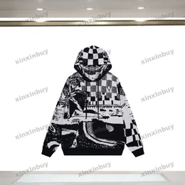 Xinxinbuy Men Designer Hoodie Sweatshirt Chessboard Grid Jacquard Knit Wool Long Sleeve Women Red Black White Grey XS-2XL