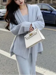 Vestidos de trabalho 2023 feminino elegante sólido cinta superior saias de malha cardigan 3 peça conjunto senhora do escritório coreano azul branco camisola com cinto terno