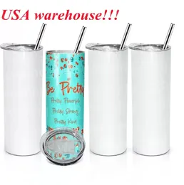 На складе США, Калифорния, 20 унций, пустые белые сублимационные стаканы, пластиковая соломенная крышка, чашки для воды из нержавеющей стали для детей, подарки «сделай сам», 1116