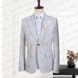 Мужские костюмы 2023 Летний мужской льняный костюм Slim Fit Casual Prom Blue Orange Plaid Terno Men Lyxedos для свадебной модной куртки пиджак