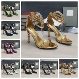 Women Sandal tom-f- high heels luxury brand design spike shoes mirror leather and chain heel chains ankle strap sandals shoes pointe toe padlock style with box 35-43
