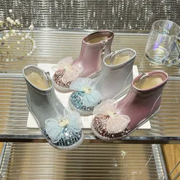 Botas con lazo de lentejuelas y perlas de invierno para niñas, botines para niños a la moda de invierno