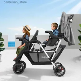 Strollers# Luxury Double Stroller Folding Portable Twin Baby Stroller Lying and Seating Shock Absorption Newborn Double Seat Strollers Q231116