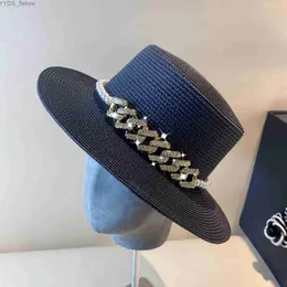 Шляпы с широкими полями Шляпы-ведра Французское ретро-стиль Хепберн в стиле Хепберн с жемчужно-ромбовидной пряжкой, плоский цилиндр, весенне-летняя прогулка, широкополая солнцезащитная шляпа YQ231116