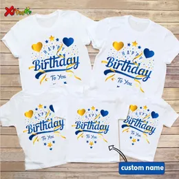 Família combinando roupas feliz aniversário camiseta combinando roupas de família azul ouro camisas femininas festa nome personalizado camisa crianças roupas de bebê família olhar 231115