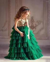 Flickklänningar 2023 Green Tulle Gold paljetter Flower Baby Birthday Dress Kids Pageant Gown Prom Robe Ceremonie Fille för 1-14Y