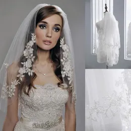 Veli da sposa Pizzo Perla Avorio Velo da sposa corto con fard Copricapo Voile Mariage 2 divani Velos De Novia