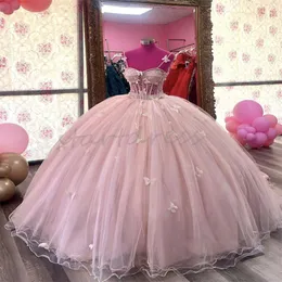 Güzel pembe kelebekler quinceanera elbiseler cinderalle spagetti kayışları boncuk vestidos de xv anos on altı doğum günü partisi cadılar bayramı tatlı on elbise 2024