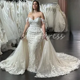 Brilho brilhante lantejoulas sereia vestido de casamento com trem destacável fora dos ombros elegante plus size rendas luxo país vestidos de noiva para noiva crochê laceful mariage