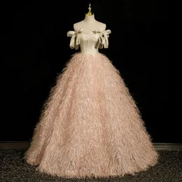 Роскошные платья для выпускного вечера с перьями бальное платье принцессы блестящий корсет розового цвета шампанского Бальные платья с открытыми плечами блестящее платье quinceanera на заказ новые вечерние платья