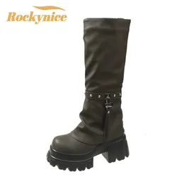 Boot y Platform Kneehigh Boots Punk Leather Long Woman 9cm klackar Autumn Winter Warm Pur Shoes Motorcykelstövlar 231116