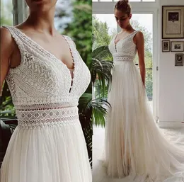 2023 Vestido de Novia Boho Brautkleider Sexy V-Ausschnitt Strand Spitze Braut Brautkleider Elegantes böhmisches Tüll A-Linie Brautkleid