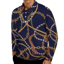 Polo da uomo Catena dorata T-shirt casual Cinture da uomo Stampa Polo a maniche lunghe Colletto rovesciato Trending Spring Design 3XL 4XL 5XL