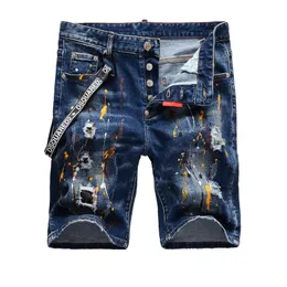Мужские шорты 2023 Мен летние голубые джинсы отверстия Джинсовая краска повседневная уличная одежда Jeasn Высококачественные мужчины Slim Fit Stretch Jeansmen