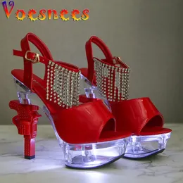 Dress Shoes Voesnees Glowing Womens Shoes Patent Leather Rhinestone Summer Female Sandals Pistol Heel 14cm High Heels Wedding Shoes 231116