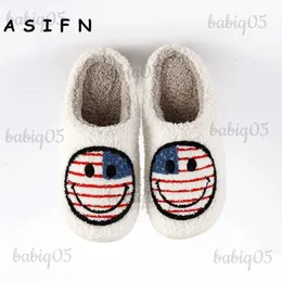 Chinelos ASIFN Bandeira Americana Chinelos Face Mulheres Casa Estilo Inverno Casa Fofa Impressão Fuzzy Flat Ladies Indoor HouseShoes T231116