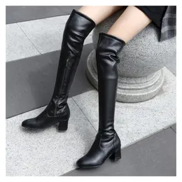 Boots Fashion Knee High Boot Winter Square Loe Heel Long Toe Zipper Autumn Female Black White 231116