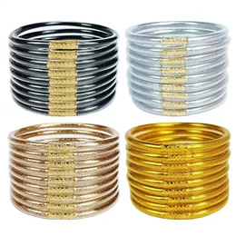 Cuff 9pc Shiny Glitter Stackable Jelly Tube Plastic Bangles Bracelets Set for Women Filled Silicone Lightweight Wrist Girls Gift 231116