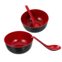 Dinnerware Sets 1 Set Of Practical Melamine Ramen Bowls Rice With Spoons (Black Red)