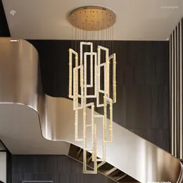 Lampy wiszące luksusowe schody laste światła nowoczesne kryształowe LED Art Deco Indoor Lampa Lampa stalowa prostokąt