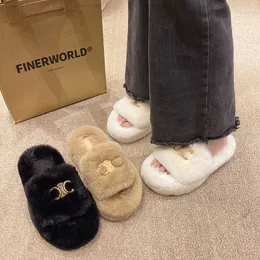 Slippers Fashion Brand Woolly Slippers Women 2023 New Metal Buckle Flip-flops Spring And Autumn Home Cotton Drag Summer Wear Wool Half Drag T231116