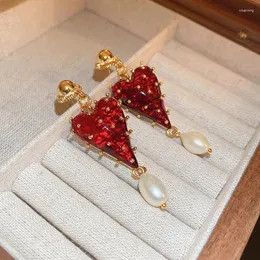 Dangle Ohrringe Allme Chic rotes Farbharz Liebe Herz Drop für Frauen echter Süßwasserperle Hängende Ohrring Hochzeit Schmuck