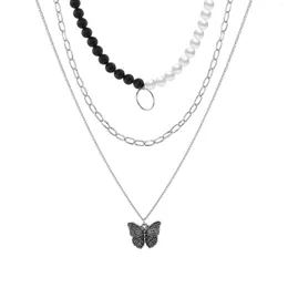 Kedjor fjäril hänge multilayer halsband mode retro kedja svart och vit pärla n1350