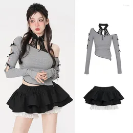 Arbeitskleider 2023 Herbst Y2k Crop Tops Langarmbluse T-Shirts Schwarze Miniröcke Koreanischer Stil 2-teiliges Kleidset Sogar Partykleidung Chic