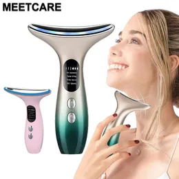 Dispositivos de cuidados faciais EMS LED Light Neck Massagem 3 Cores V Compressa Vibração Pele Elevador Aperte Suave Reparação Firme Rejuvenescimento 231115