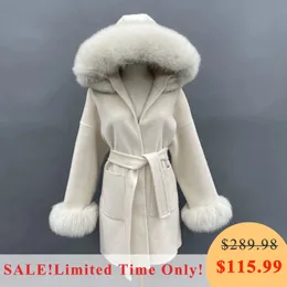 Женское пальто из искусственной шерсти MISSJANEFUR с настоящим воротником-манжетой, женское модное кашемировое пальто 2023 года с поясом, теплый зимний плащ с капюшоном, бушлат 231115