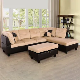 Beige och brun färgludd och PVC 3-stycks soffa vardagsrumssoffa set b