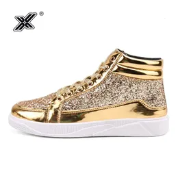 X Модное платье золотые блестящие зеркала Мужские ботинки кавалевая клубная бар блеск уличная одежда хип -хоп высокие кроссовки мужчин zapatos
