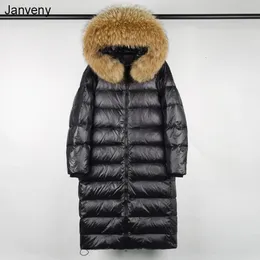 Women's Down Parkas Janveny Big Real Raccoon Fur Hooded Long Puffer Jacket Women Shiny Patent Leather Parkas Winter 90% Duck Down Coat Waterproof 231115