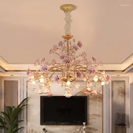 Chandeliers Luxury Bedroom LED Crystal Nordic Living Room Ceramic Flower Pendant Lamp Modern Rose Decoration Chandelier Lighting