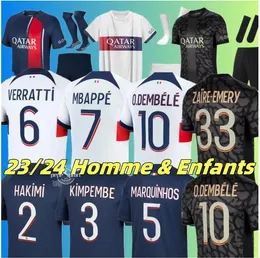 23 24 Paris Mbappe #7 Soccer Jerseys Hakimi Stadium Psges Maillots de Football Shirt Marquinhos Verratti Icardi 2023 2024 Home Away Player Uniform Kids Kit Sets