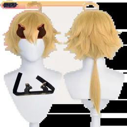 Peruki cosplaya Genshin Wpow Impact Thomas RPA-RPA WIG z 3D Puszysty design Gold Syntetyczna wicja i klakson 231116