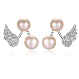 Pearl Stud Earrings S925 Silver Full Diamond Zircon Angel Wings Asymmetric Earrings European Women Fashion Earrings Wedding Party Jewelry Valentine's Day Gift SPC