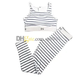 Stripe Print Yoga Outfit Women Letter Webbing Tracksuit Summer Breathable Crop Top Elastic Waist Gym Leggings