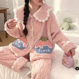 Women's Sleepwear Winter Flannel Fruit printing Female Pajamas Set Long-Sleeve WarmWomen's Casual Soft Nightshirt Lovers Homewear 231116