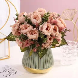 Decorative Flowers Wholesale Artificial Vintage Bunch Silk Mini Peony Flower Bouquet Retro Rose Home Table Display Wedding Party Decor