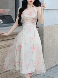 Günlük elbiseler yaz tatlı zarif elbise kadınlar çiçek baskı tasarımcısı kadın fırfırlı Kore prenses parti midi 2023