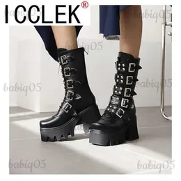 Boots Women Knee High Boots Autumn Winter Lace Up Flat Shoes Sexy Steampunk PU Retro Buckle Women Shoes Ladies Snow Boots T231117
