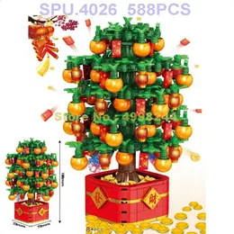Altri giocattoli 90101 588 pezzi Anno cinese Fortuna Arancione Denaro Tesoro Albero con mattoncini leggeri Giocattolo 231116