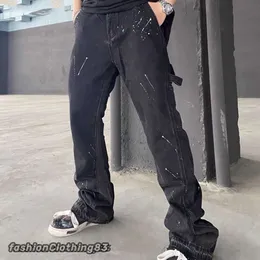 дизайнер новые Wonmen мужские брюки всплеск граффити отдел тяжелой промышленности структура сращивание микро рожок High Street туман мода джинсовая ткань