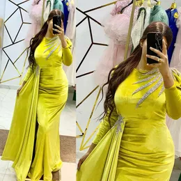 Light Yellow Velet Evening Dresses Elegant Plus Size Jewel Long Sleeves Mermaid Prom Dress for African Women Beaded Sequined Formal Gown Birthday Pageant Dresses