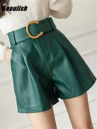 Kvinnors shorts Seoulish Green PU -läder med bältet elegant ficka eleganta casual byxor kvinnlig höstvinter 230417
