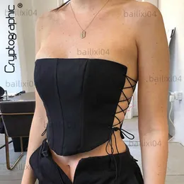 Women's Tanks Camis Cryptographic Off Shoulder Strapless Lace Up Sexy Bustier Corset Crop Tops for Women Black Sleeveless Vest Top Cropped Feminino T230417